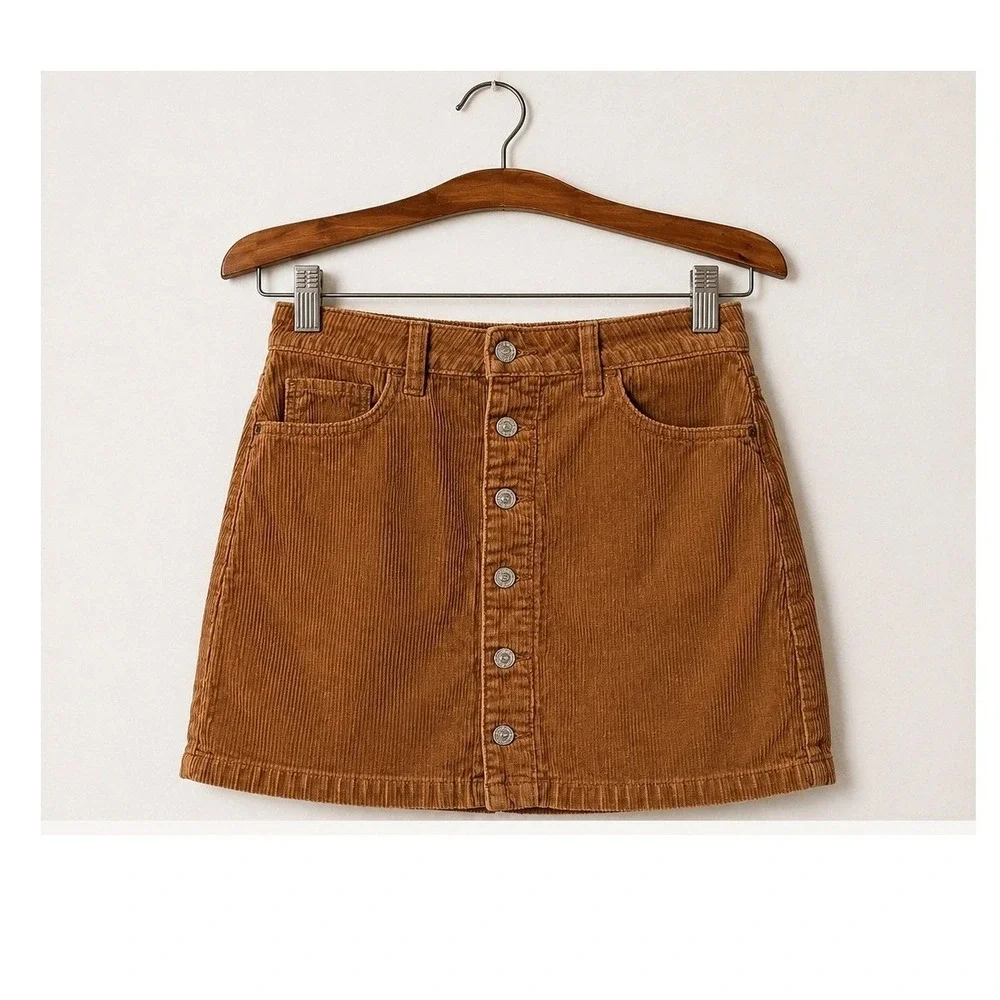 Hollister Brown Corduroy Mini Skirt Ultra High Rise Button Front Size 5 W27